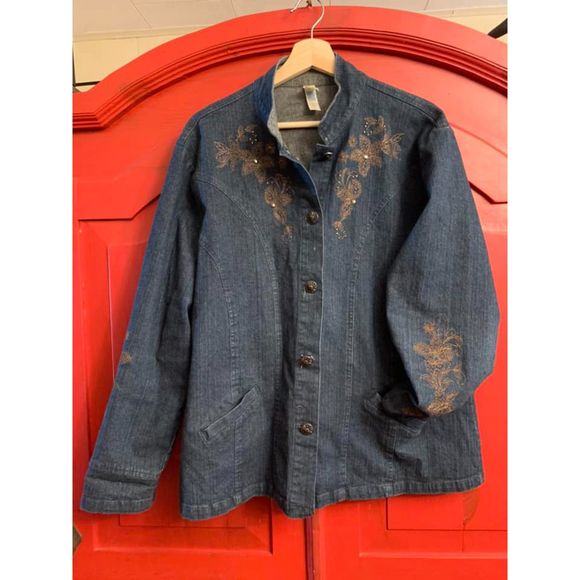 Decorated Originals 2X Denim Jacket Mandarin Collar Embroider Sunflower Buttons - Picture 1 of 3
